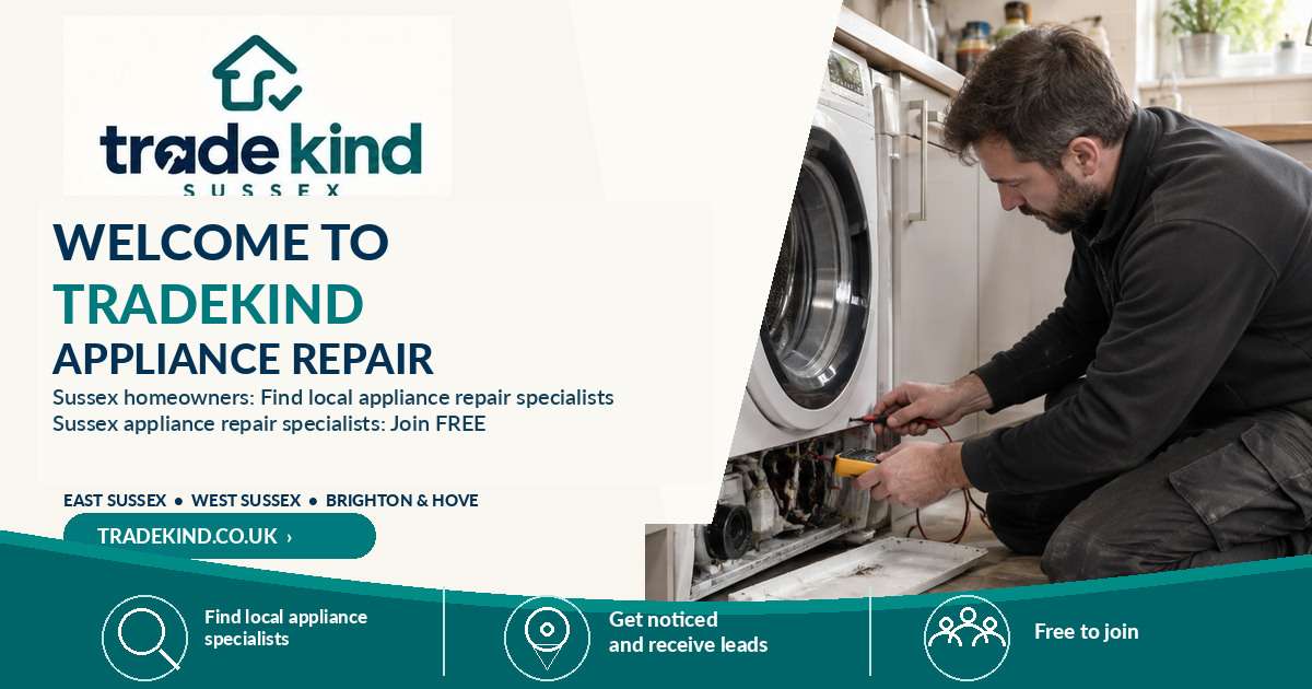 Appliance repair engineer diagnosing a washing machine fault in a UK kitchen