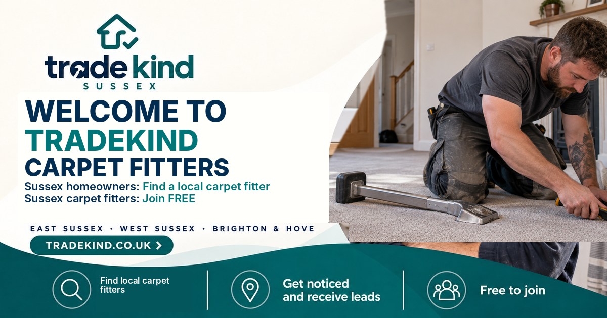 Carpet fitter stretching carpet neatly into place in a UK room