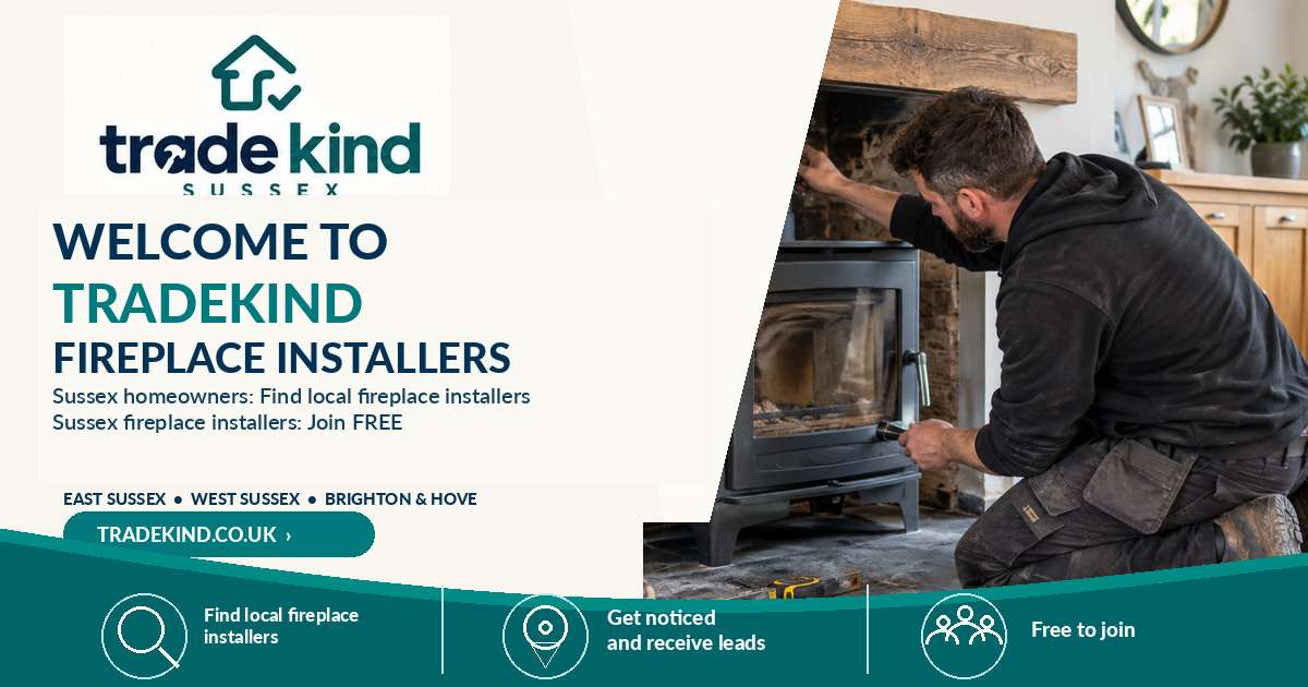 Fireplace installer inspecting a hearth and chimney opening in a UK home